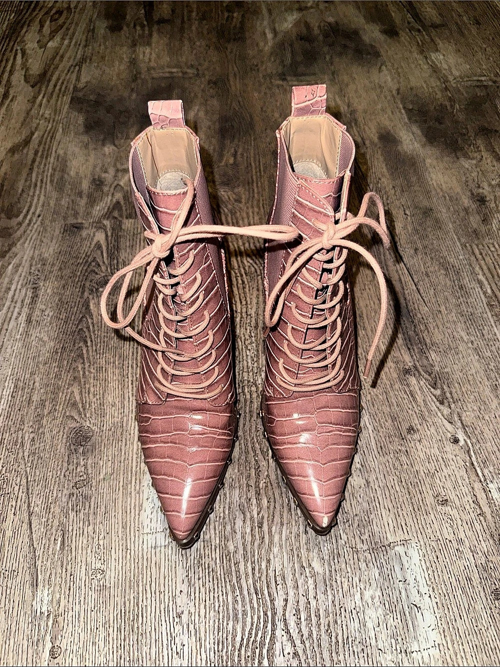 Charles Pink Crocodile-Embossed Heeled Booties